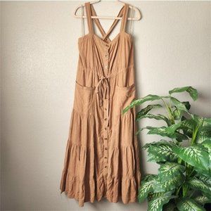 Free People Catch The Breeze Camel Button Down Tiered Boho Midi Dress L
